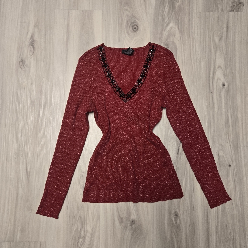 New York & Co VTG Beaded Metallic Ribbed Sweater Red Medium
